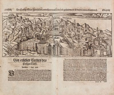 Antike Landkarten, Münster, Heiliges Land, Jerusalem, 1574: Die Heylige Statt Jerusalem / contrafehtet nach form und gestalt wie sie zu unsern zeiten erbauwen ist.