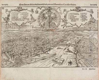 Antike Landkarten, Münster, Deutschland, Frankfurt am Main, 1574: Franckfurt am Mayn die fuernemest und gemeinest Gewerbstatt Teutscher Nation