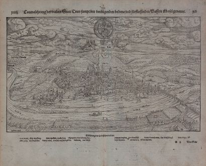 Antike Landkarten, Münster, Deutschland, Trier, 1574: Contrafehtung der uralten Statt Trier, sampt des umbligenden bodens und fürfliessenden Wassers Mosel genannt.