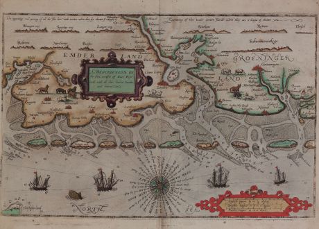 Antike Landkarten, Waghenaer, Deutschland, Ost-Friesland, 1588: A Description of the Sea coastes of East Frysland with all their bankes, sandes and bekons.