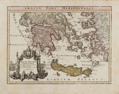 Antike Landkarten, Weigel, Griechenland, 1720: Graeciae pars Meridionalis / Graeciae Antiquae Tabula Nova in qua locarum situs tum ad distantia itenerarias