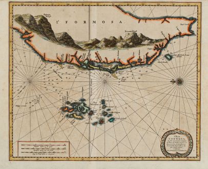 Antike Landkarten, van der Aa, Südost Asien, Taiwan, Formosa, 1720: L'Ile de Formosa, ou sont exactement marquez les bancs de sables, rochers et brasses d'eau, le tout fait...