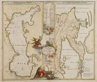 Antike Landkarten, Homann, Russland, Kaspisches Meer, 1730: Geographica Nova.. Mare Caspium altera Kamtzadaliam seu Terram Jedso curiose exhibet... / Das Caspische Meer / Das Land...