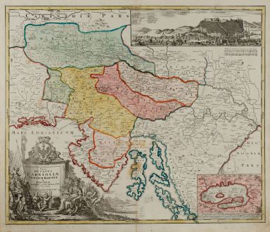 Antique Maps, Homann, Balkan, Croatia, Slovenia, Ljubljana, Laibach, 1720: Tabula Ducatus Carnioliae Vindorum Marchiae et Histriae