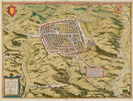 Antike Landkarten, Braun & Hogenberg, Italien, Campania, Caserta, Caiazzo, 1597: Calatia vulgo Caiazo, Perantiquum Campaniae Foelicis Oppidum