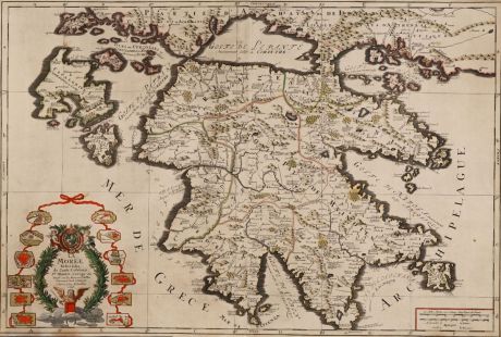 Antike Landkarten, Sanson, Griechenland, Peloponnes, 1696: La Moree Et les Isles de Zante, Cefalonie, Ste Maure, Cerigo &c.