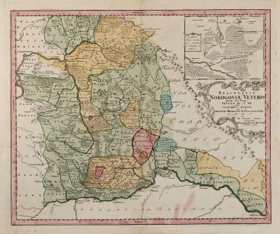 Antike Landkarten, Homann Erben, Deutschland, Bayern, Mittelfranken, Niederbayern: Delineatio Nordgoviae Veteris prout ejus facies Seculo XI. & XII. suit, Geographice designata per Iohannem Henricum de...