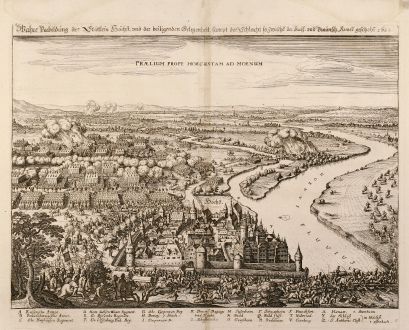 Antike Landkarten, Merian, Deutschland, Hoechst, 1650: Wahre Vorbildung des Stättlein Höchst, vnd der beiligenden Gelegenheit, sampt der Schlacht so Zwische der Kays. und...