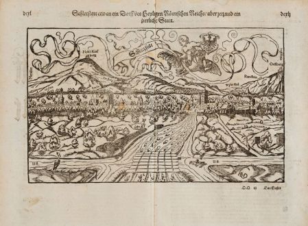 Antike Landkarten, Münster, Frankreich, Elsass, Selestat, Schlettstadt, 1574: Schletstatt etwan ein Dorff des Heyligen Römischen Reichs aber jetzund ein zierlich Statt