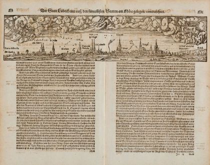 Antike Landkarten, Münster, Deutschland, Schleswig-Holstein, Lübeck, 1574: Die Statt Lübeck, eine auff den fürnemsten Stetten am More gelegen, contrafehtet.