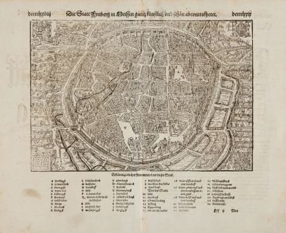 Antike Landkarten, Münster, Deutschland, Sachsen, Freiberg, 1574: Die Statt Freiberg in Meissen gantz künstlich und schön abcontrafhetet