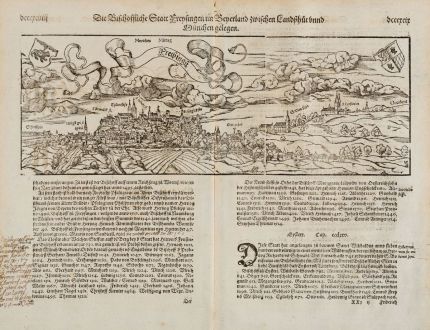 Antike Landkarten, Münster, Deutschland, Bayern, Freising, 1574: Die Bischoffliche Statt Freysingen im Bayerland zwischen Landshut unnd München gelegen