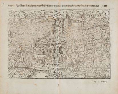 Antike Landkarten, Münster, Frankreich, Elsass, Haut-Rhin, Rufach, 1574: Die Statt Rufach sampt dem Schloß Isenburg auffs fleissigest nach jetziger gelegenheit contrafehtet. / Rubeaquum Rufach