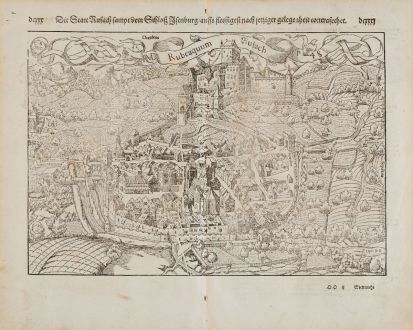 Antike Landkarten, Münster, Frankreich, Elsass, Haut-Rhin, Rufach, 1574: Die Statt Rufach sampt dem Schloß Isenburg auffs fleissigest nach jetziger gelegenheit contrafehtet. / Rubeaquum Rufach