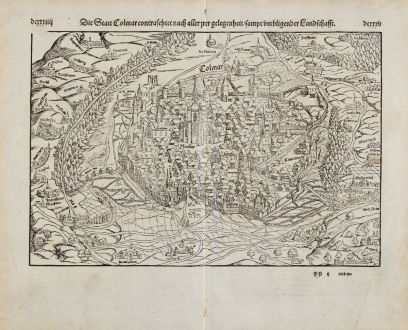 Antike Landkarten, Münster, Frankreich, Elsass, Haut-Rhin, Colmar, 1574: Die Statt Colmar contrafhetet nach aller irer gelegenheit, sampt umbligender Landschafft