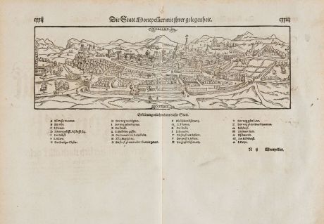 Antique Maps, Münster, France, Herault, Montpellier, 1574: Die Statt Montpellier mit ihrer gelegenheit