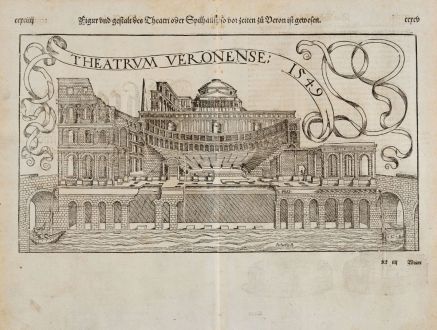 Antique Maps, Münster, Italy, Verona Arena, 1574: Figur und Gestalt des Theatri oder Spilhaus, so vor Zeiten zu Veron ist gewesen / Theatrum Veronense 1549