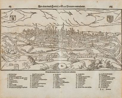 Antique Maps, Münster, France, Vienne, Poitiers, 1574: Der alten unnd herrlichen Statt Puttiers contrafactur