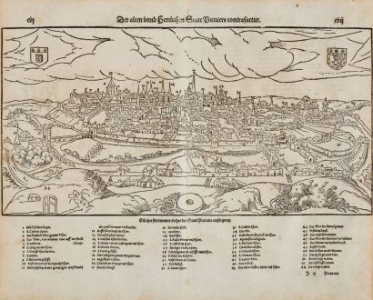 Antike Landkarten, Münster, Frankreich, Vienne, Poitiers, 1574: Der alten unnd herrlichen Statt Puttiers contrafactur