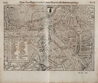 Antike Landkarten, Münster, Schweiz, Basel, 1574: Beyde Stett Basel mit dem fürfliessenden Rhein und allen fürnemmen gebeüwen.