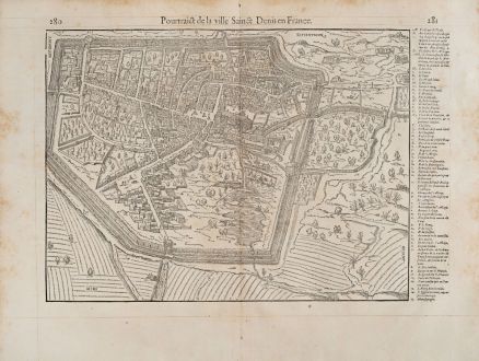 Antique Maps, de Belleforest, France, Ile-de-France, Saint-Denis, 1575: Pourtraict de la ville Sainct Denis en France.