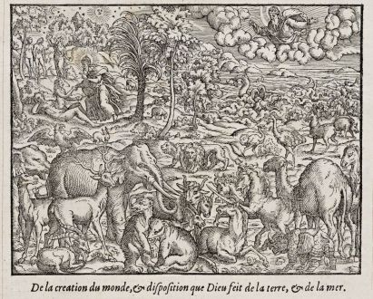 Grafiken, de Belleforest, Das Paradies mit Adam und Eva., 1575: De la creation du monde, & disposition que Dieu feit de la terre, & de la mer.