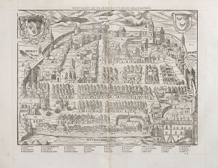 Antique Maps, de Belleforest, France, Centre-Val de Loire, Chateaudun, 1575: Pourtraict ou plan de la ville de Chasteaudun