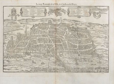 Antique Maps, de Belleforest, France, Centre-Val de Loire, Blois, 1575: Le vray Pourtraict de la ville,& Chasteau de Bloys