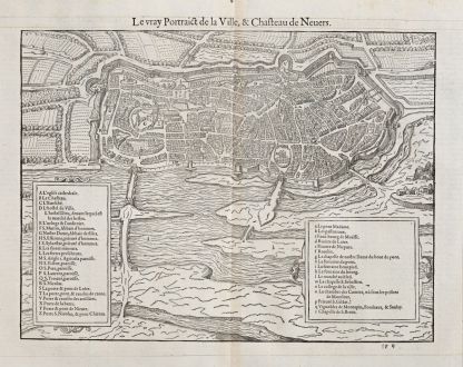 Antike Landkarten, de Belleforest, Frankreich, Bourgogne, Nevers, 1575: Le vray Pourtraict de la Ville,& Chasteau de Nevers.