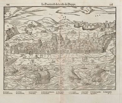 Antike Landkarten, de Belleforest, Frankreich, Normandie, Dieppe, 1575: Le Pourtraict de la ville Dieppe