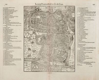 Antike Landkarten, de Belleforest, Frankreich, Normandie, Caen, 1575: Le vray Pourtraict de la Ville de Caen