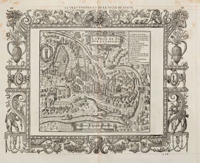 Antike Landkarten, de Belleforest, Frankreich, Bourgogne, Semur-en-Auxois, 1575: Le vray Pourtraict de la Ville de Semur / La Ville Semur en Laussois