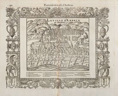 Antique Maps, de Belleforest, France, Dauphine, Embrun, 1575: Pourtraict de la ville d'Ambrun / La ville d'Ambrun en Dauphiné