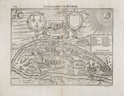 Antike Landkarten, de Belleforest, Frankreich, Languedoc, Midi-Pyrenees, Auch: Le vray Pourtraict de la Ville d'Auch / La Ville d'Auch en Armignag
