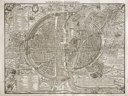 Antike Landkarten, de Belleforest, Frankreich, Paris, 1575: La Ville, Cité, Université,& Faux-bourgs de Paris