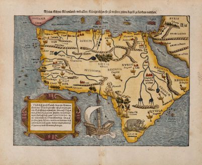 Antike Landkarten, Münster, Afrika Kontinent, 1540 (1574): Africa Lybia Morenlandt mit Allen Künigreichen so zu unsern zeiten darin gefunden werden.