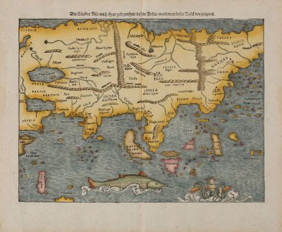 Antike Landkarten, Münster, Asien Kontinent, 1540 (1574): Die Länder Asie nach ihrer gelegenheit bisz in India, werden in diser Tafel verzeichnet