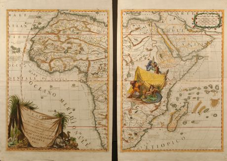 Antike Landkarten, Coronelli, Afrika Kontinent, 1701: L'Africa divisa nelle sue Parti secondo le piu moderne, relationis colle scoperte dell origine e corso del Niro