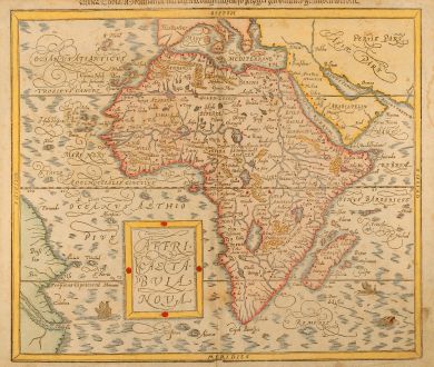 Antike Landkarten, Münster, Afrika Kontinent, 1580: Affricae tabula nova / Africa, Lybia, Morenlandt, mit allen Königreichen so jetziger Zeit darumb gefunden werden