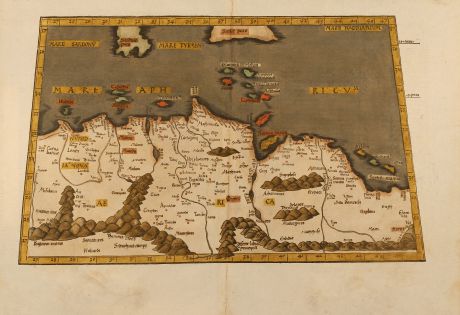 Antike Landkarten, Fries, Nordafrika, Nordafrika, Malta, Sizilien, 1541: Aphricae tabula secunda continet