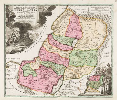 Antique Maps, Homann, Holy Land, Judea, Israel, 1720: Iudaea seu Palaestina ob Sacratissima Redemtoris Vestigia Hodie dicta Terra Sancta Prout olim in Duodecim Tribus Divisa...