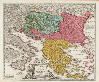 Antique Maps, Homann, Greece, Danube, 1720: Fluviorum in Europa Principis Danubii cum Adiacentibus Regnis, nec non Totius Graeciae et Archipeliagi Novissima Tabula