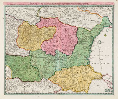 Antique Maps, Homann, Romania - Moldavia, Danube, 1720: Danubii Fluminis (hic ab Urbe Belgrado ...) Pars Infima in qua Transylvania, Walachia, Moldavia, Bulgaria, Servia, Romania...