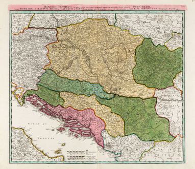 Antique Maps, Homann, Balkan, Danube, 1720: Danubii Fluminis ... Pars Media in qua Hungaria, Sclavonia, Bosnia, Dalmatia et Servia ...