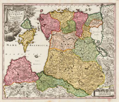 Antike Landkarten, Homann, Baltikum, Lettland und Litauen, Estland, 1720: Ducatuum Livoniae et Curlandiae cum Vicinis Insulis