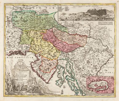 Antique Maps, Homann, Balkan, Croatia, Slovenia, Ljubljana, Laibach, 1720: Tabula Ducatus Carnioliae Vindorum Marchiae et Histriae