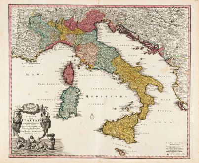 Antike Landkarten, Homann, Italien, 1720: Statuum Totius Italiae Novissima Repraesentatio Geographica ...