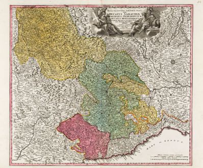 Antike Landkarten, Homann, Italien, Ligurien, Piemont, 1720: Regiae Celsitudinis Sabaudicae Status in quo Ducatus Sabaudiae, Principatus Pedemontium et Ducatus Montisferrati ...