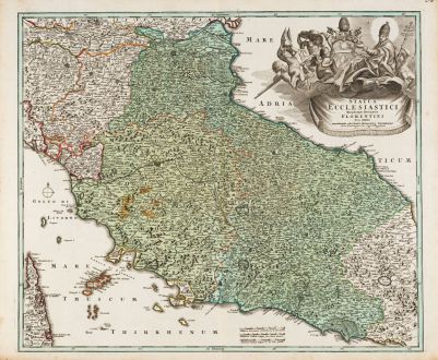 Antike Landkarten, Homann, Italien, Toskana, Latium, Umbrien, Marken, 1720: Status Ecclesiastici Magnique Ducatus Florentini Nova Exhibitio ...