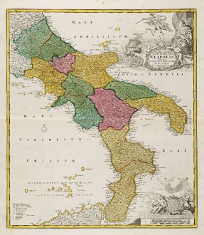 Antique Maps, Homann, Italy, Calabria, Puglia, Basilicata, Campania, Molise: Novissima & Exactissima Totius Regni Neapolis Tabula ...